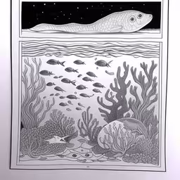 a drawing depicting an ocean view with fish and corals
