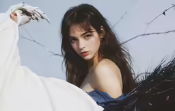 a woman with dark hair wearing a dress and a white hand covering her chest