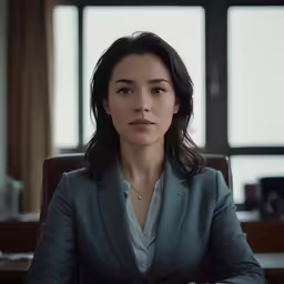 a woman sits at a desk in an office