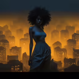 a cartoon of a woman standing in front of a large city