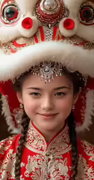a girl is wearing a traditional headdress with two lions and a rabbit