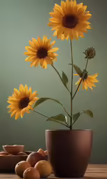 two sunflowers are sitting in a brown pot