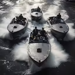 four people are riding on boats in the water