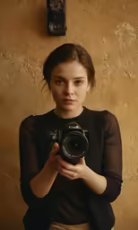 a woman holding a camera in front of a brown wall