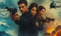 a man with a gun points at the viewer, while a woman holds her guns in front of him