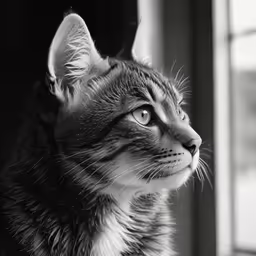 the small grey cat looks out the window