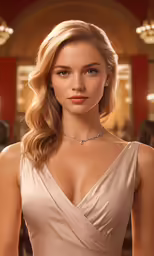 a beautiful blonde woman posing in a gown