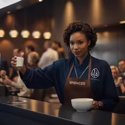an african american waitress gives a thumbs up at the counter
