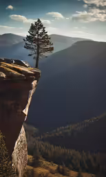 a lone tree sits on a ledge with its own rocky cliff below