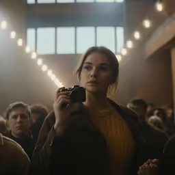 a young woman is looking at something with her camera