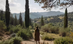 woman standing in path overlooking countryside and trees