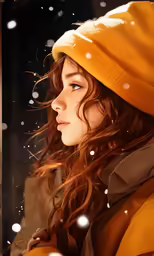 a girl is dressed in yellow jacket, bonnet, and a yellow beanie