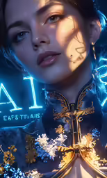 woman with long dark hair and silver jewelry posing with the word alien over her head