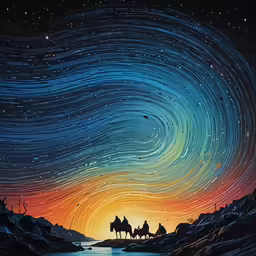 this is a painting of people riding horses on a hill in the mountains