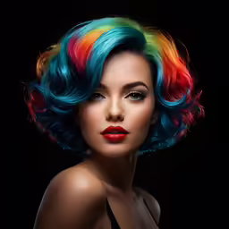 a woman with multicolor hair, wearing black lingerie
