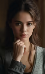 a beautiful woman wearing a cardigan sitting by a window