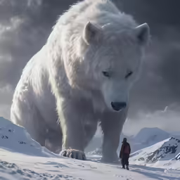 a person standing next to a large white polar bear