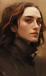 a digital painting of a woman wearing a black coat