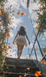 the girl is walking up the steps in the autumn leaves
