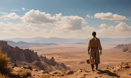 a man standing on top of a cliff near mountains