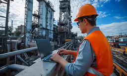 a person on a laptop computer near a machine works