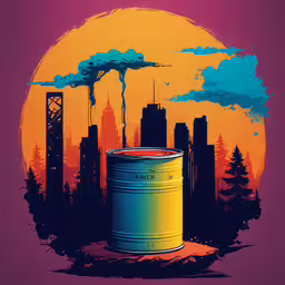 a bucket in the foreground of a sunset over an urban area,the painting on the back of a bucket of paint in front of a large city skyline