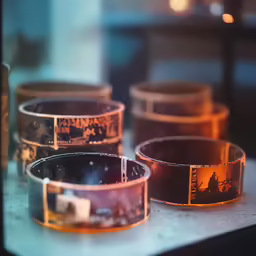 these bracelets are on display in a window