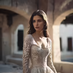 a woman is wearing a long sleeve wedding dress