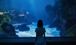 a little girl looking at an aquarium exhibit