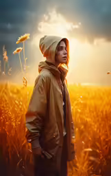 a person in a field with a hoodie on