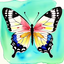 watercolor of a butterfly on a blue background,a butterfly sitting on top of a blue surface,a drawing of a colorful butterfly on blue paper,a watercolor drawing of a colorful butterfly on blue and green,a colorful butterfly sits on top of a blue and green background