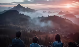 the three kids are standing at the top of a mountain watching the mist from the valley