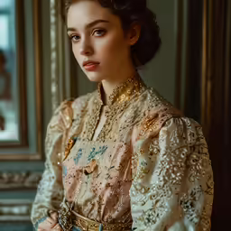 a woman in a gold dress with jewelry on her shoulder