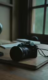 a camera on a wood board, sitting in front of a window