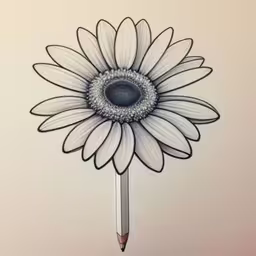 a pen sticking up into the center of a sunflower drawing,the drawing is of a large sunflower on the wall
