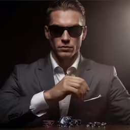 a man is wearing sunglasses in front of a table and his money