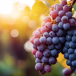 several bunches of purple grapes are hanging from the vine