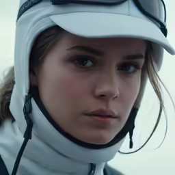 a woman wearing ski goggles and wearing a white helmet
