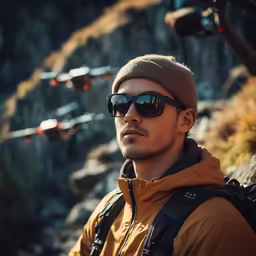 a man with sunglasses and a beanie is sitting near some rocks
