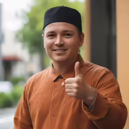 a man giving the thumbs up while standing on a sidewalk