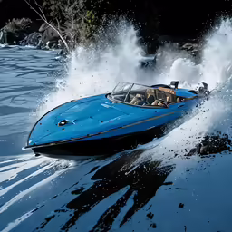 there is a speedboat that can be seen in the water