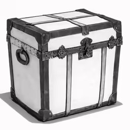 a small, painted trunk sits with black metal accents