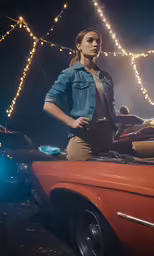 a woman stands in front of a car and lights are strung up