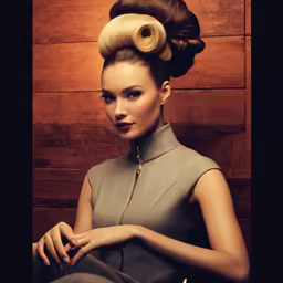 a woman in a dress with a bun holding scissors