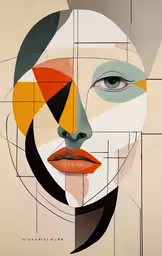 a painting with multiple shapes on it,an abstract painting of a face with a geometric design on it