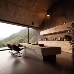a chair in front of an island counter and cabinets