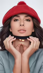 a woman with a red hat is holding her hands in front of her face