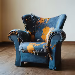 a blue dirty couch with yellow spots on it
