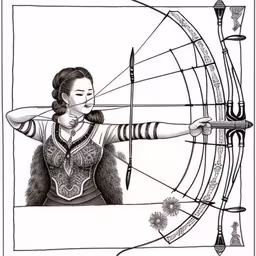 woman aiming an arrow with two arrows around it,an illustration of a woman shooting an arrow,a woman archer aiming an arrow with arrows in her hands,a woman in costume shoots an arrow at a target,a woman with an arrow and bow in her hand