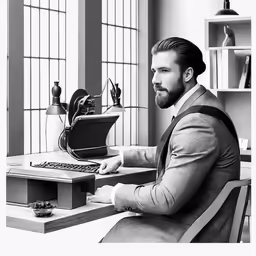 a man sitting at his desk and looking at a computer